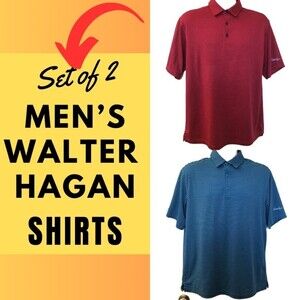 Walter Hagen Set of 2 Men's Golf Polo Shirts Red Blue Striped 11 Majors Medium